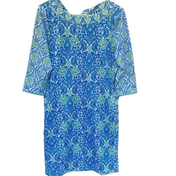 Gretchen Scott Bateau Dress Blue Green East India Print Tunic Stretch Sz Medium - Picture 1 of 5